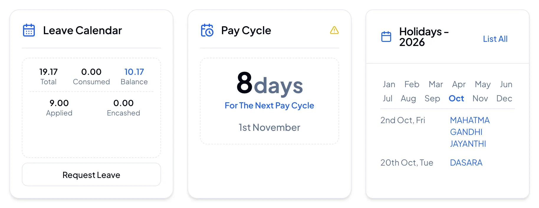 Leave Calendar, Pay Cycle and Holidays