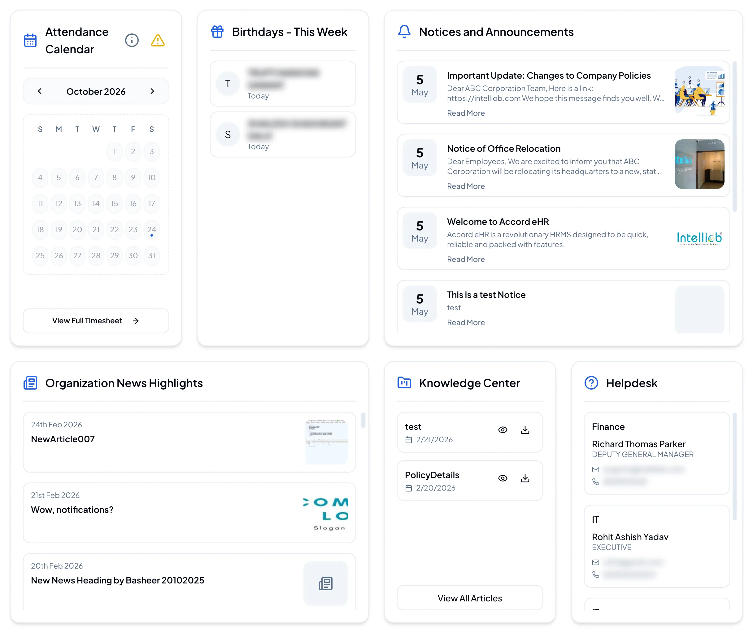 Notices, news, Knowledge Center and Helpdesk