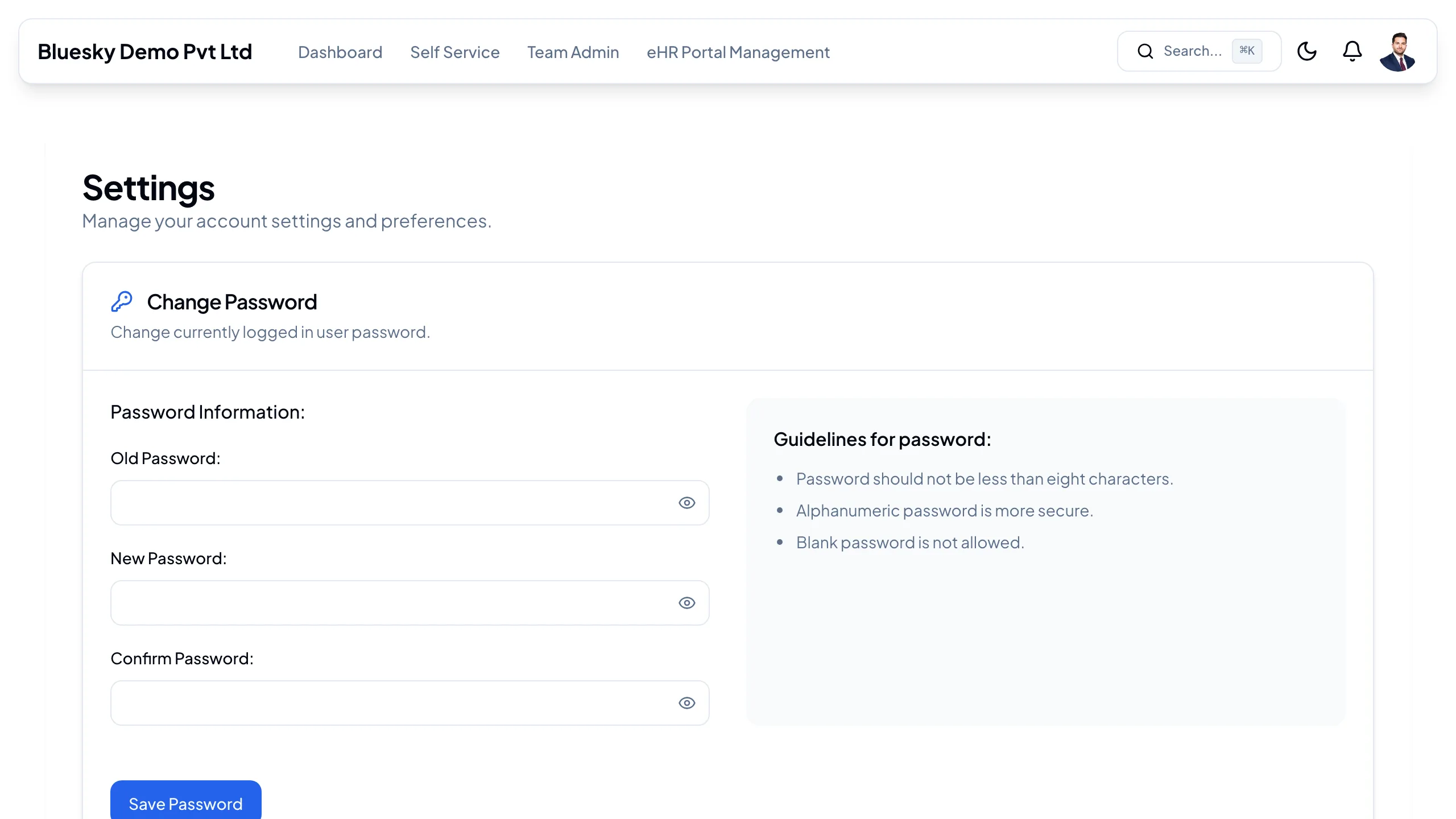 Settings — Change Password