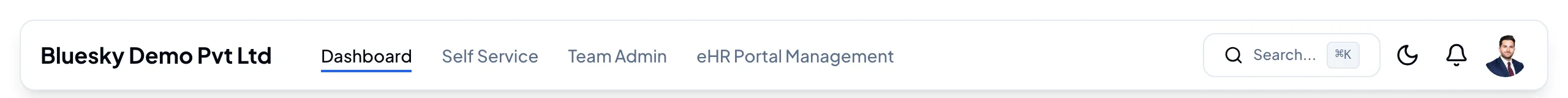 The header, from left to right: company name, main menu, search, theme, notifications and your profile