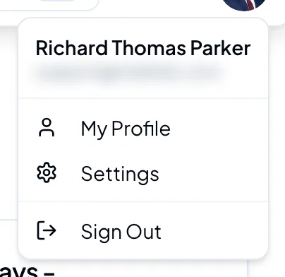 The profile menu: My Profile, Settings and Sign Out