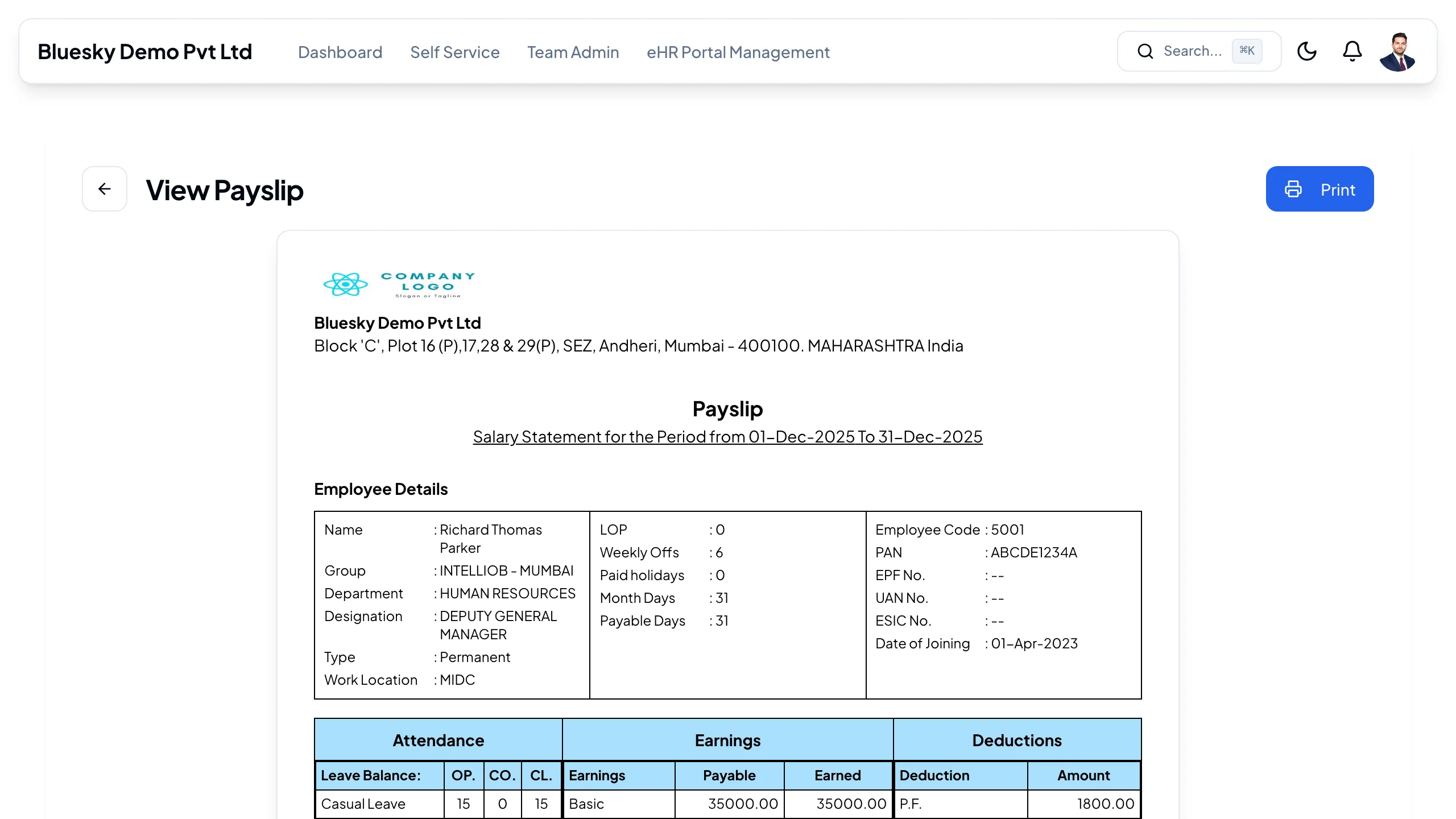 A monthly payslip