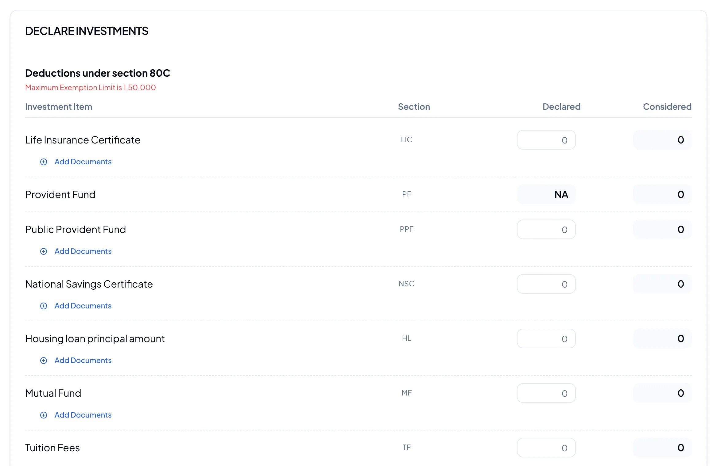 Entering amounts and attaching proofs