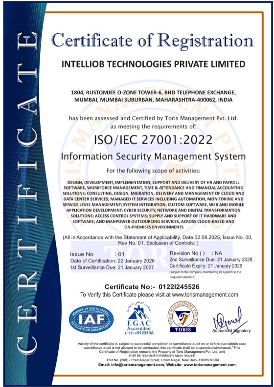 ISO/IEC 27001:2022 certificate issued to Intelliob Technologies